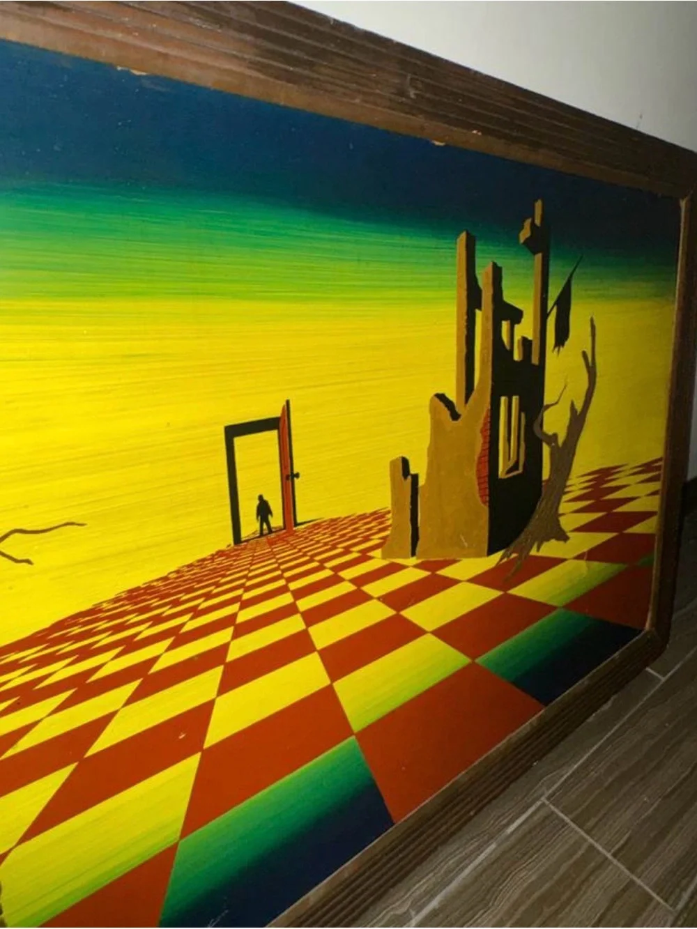 Surreal Checkerboard Wall Art Print in Yellow, Green & Brown